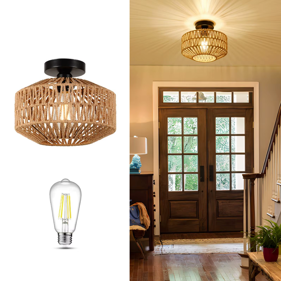 Geweven rotan hanglamp met E27-fitting in bruin voor kookeiland & eettafel | Handgemaakte plafondlamp met open vlechtwerk | Thomler