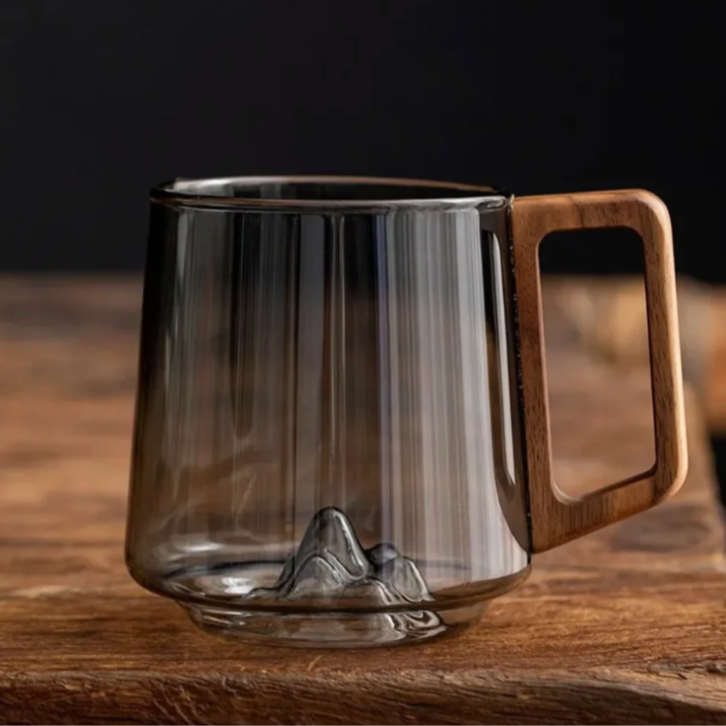 Insulated Borosilicate Glass Mug with Wood Grip 4-Inch Thermal Coffee Cup Peak Shape for Hot Beverages Kitchen Office | Thomler