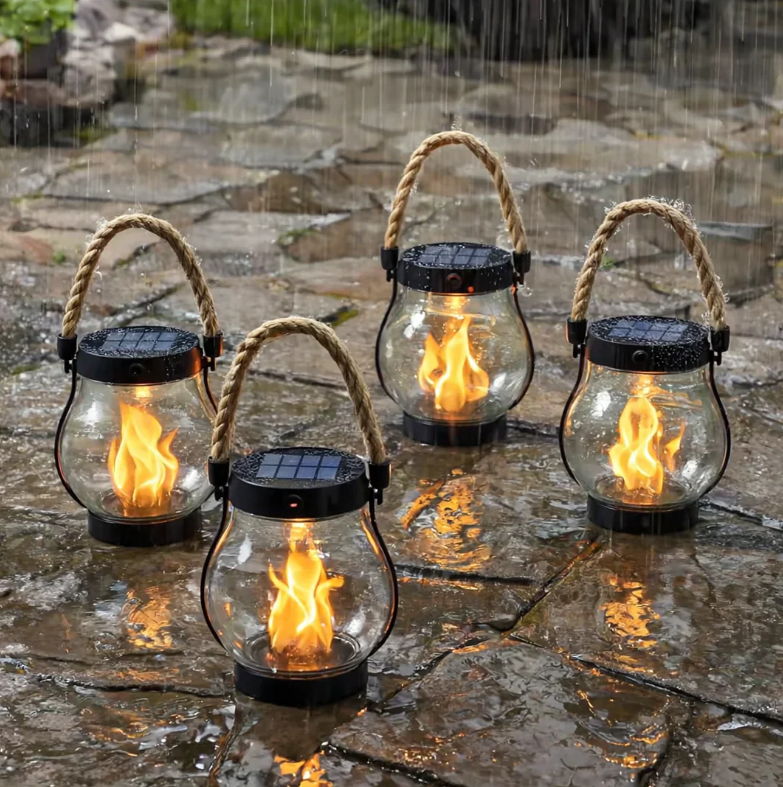 Flickering Flame Outdoor Lantern with Solar Panel 10 in Tall Glass LED Garden Light Waterproof Hanging Patio Decoration Dusk Sensor USB Back | Thomler