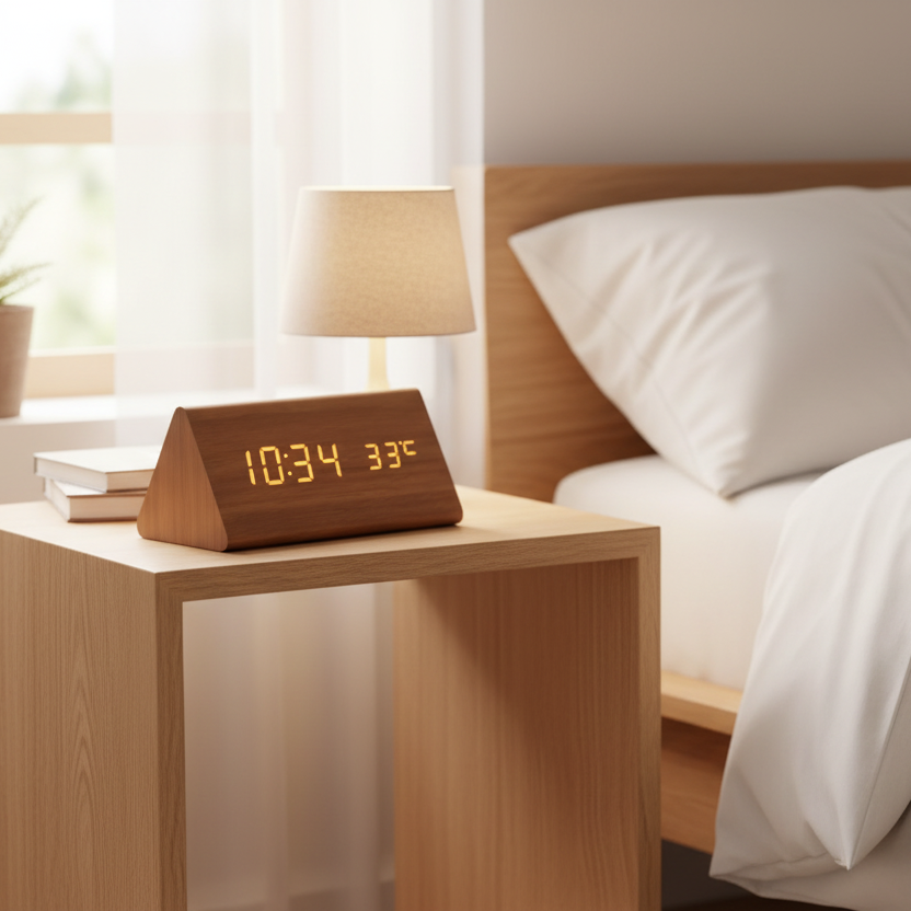 Despertador digital activado por sonido con pantalla LED y acabado en madera para dormitorio, oficina o mesita de noche, alimentación por pilas o USB, brillo ajustable | Thomler