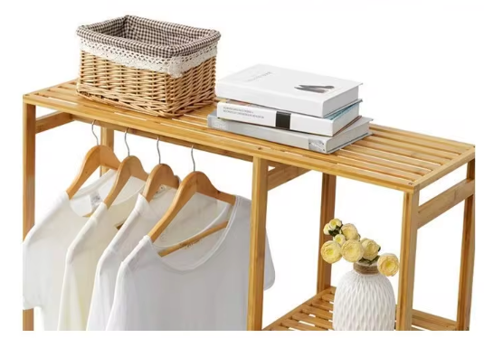 Freestanding Bamboo Garment Rack with Shelves 35 in Wide Natural Wood Finish Bedroom Closet Storage Organizer for Clothes Shoes Accessories | Thomler