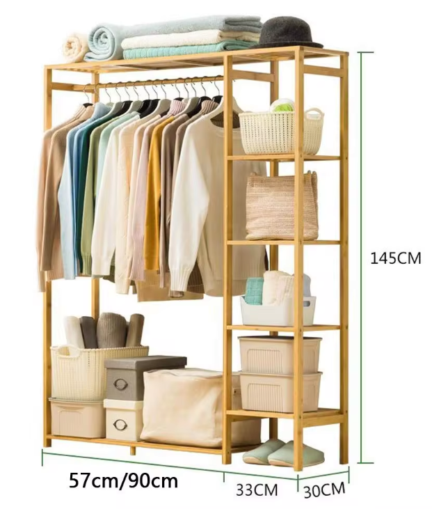Freestanding Bamboo Garment Rack with Shelves 35 in Wide Natural Wood Finish Bedroom Closet Storage Organizer for Clothes Shoes Accessories | Thomler