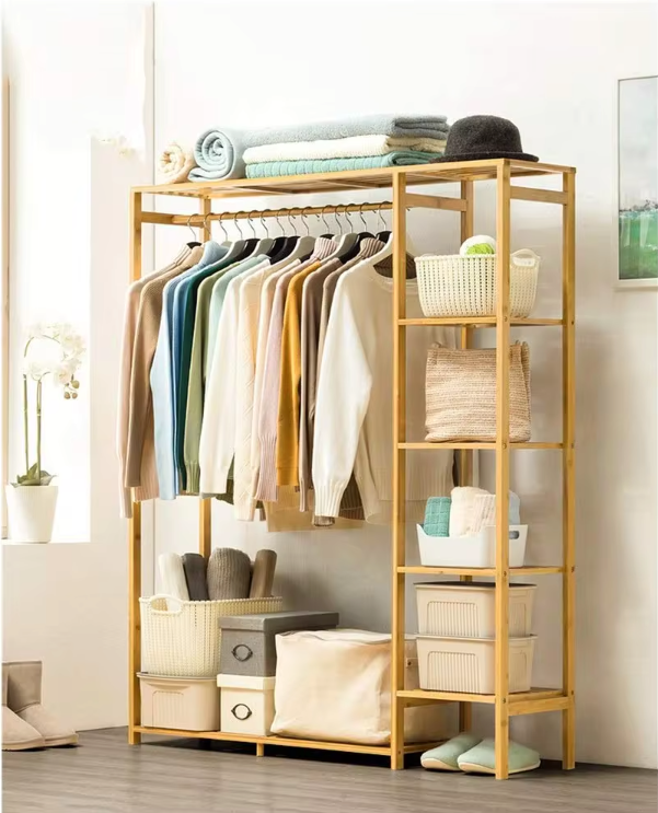 Freestanding Bamboo Garment Rack with Shelves 35 in Wide Natural Wood Finish Bedroom Closet Storage Organizer for Clothes Shoes Accessories | Thomler