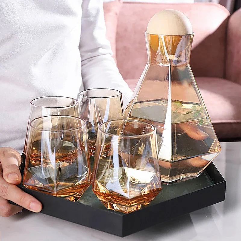 Crystal-Clear Beverage Pitcher & Tumbler Set with Geometric Faceted Design for Home Bar, Kitchen & Dining Room Entertaining | Thomler