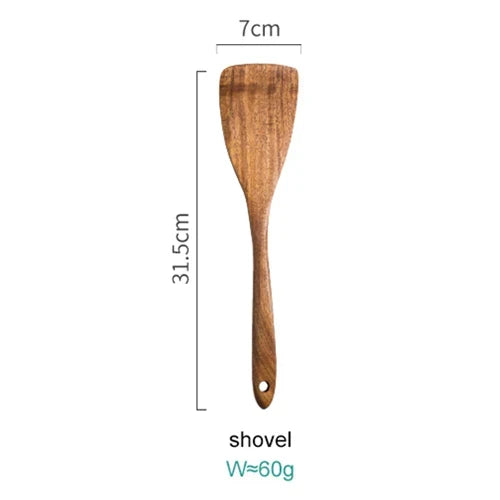 Juego de 8 utensilios de cocina de madera natural con soporte de exhibición para cocinar y servir, herramientas seguras para utensilios de cocina antiadherentes | Thomler