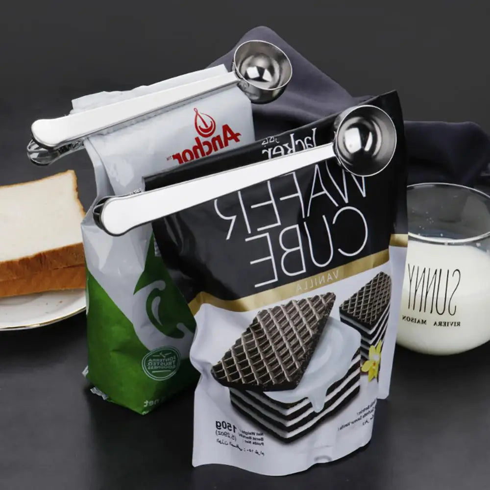Edelstahl-Beutelverschluss mit Messlöffel, 7 Zoll, Doppelfunktions-Clip für Kaffee, Tee, Aufbewahrung, Küchenorganisation, Silber, Gold, Schwarz, Roségold | Thomler