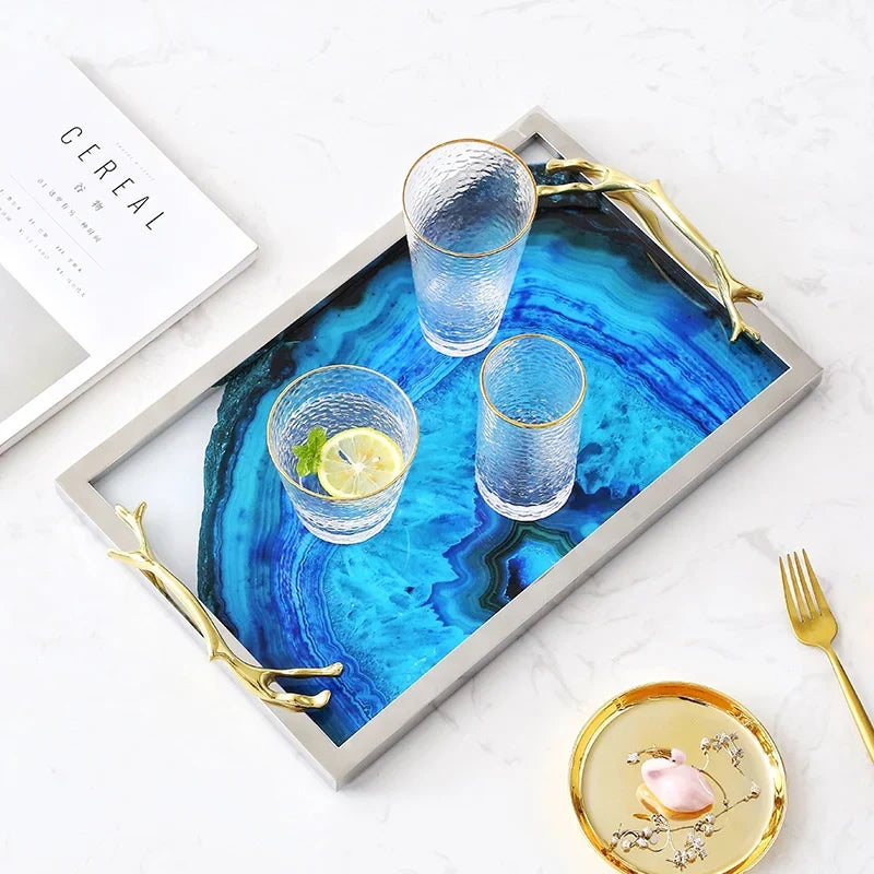 Decorative Serving Platter with Natural Stone Pattern Gold Silver Finish Coffee Table Centerpiece for Living Room Dining | Thomler