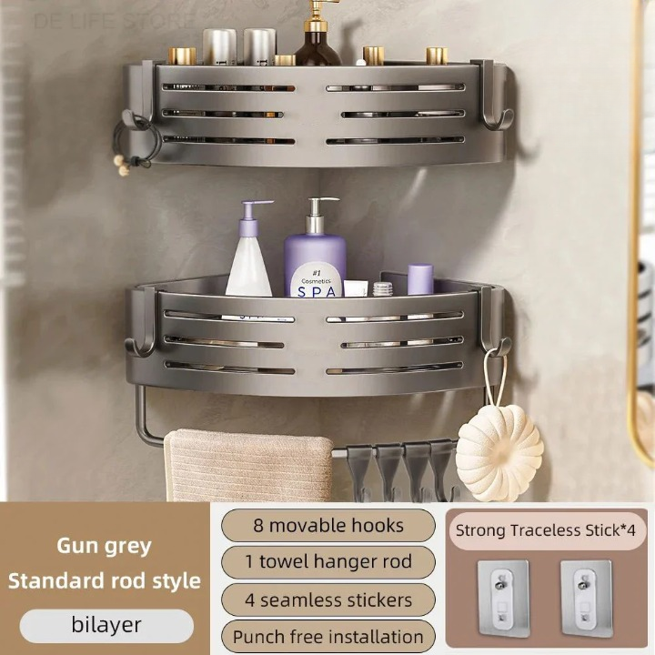 Corner Shower Caddy Set of 2 with Adjustable Height & Hooks No-Drill Aluminum Wall Mount Organizer for Bathroom Shampoo Soap Holder | Thomler