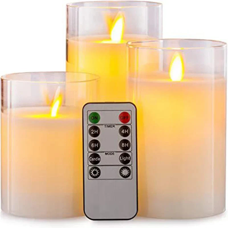 Battery-Operated LED Pillar Candles with Remote Timer Set of 3 Ivory Polypropylene 4-6 Inch Realistic Flicker Indoor Decor for Dining Room B | Thomler