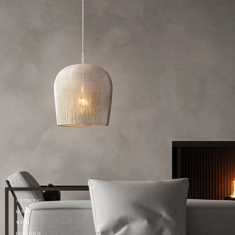 Woven Basket Ceiling Shade Handcrafted Natural Fiber 12-24 Inch Round Bohemian Overhead Fixture Black White Bedroom Kitchen Minimalist Organ | Thomler