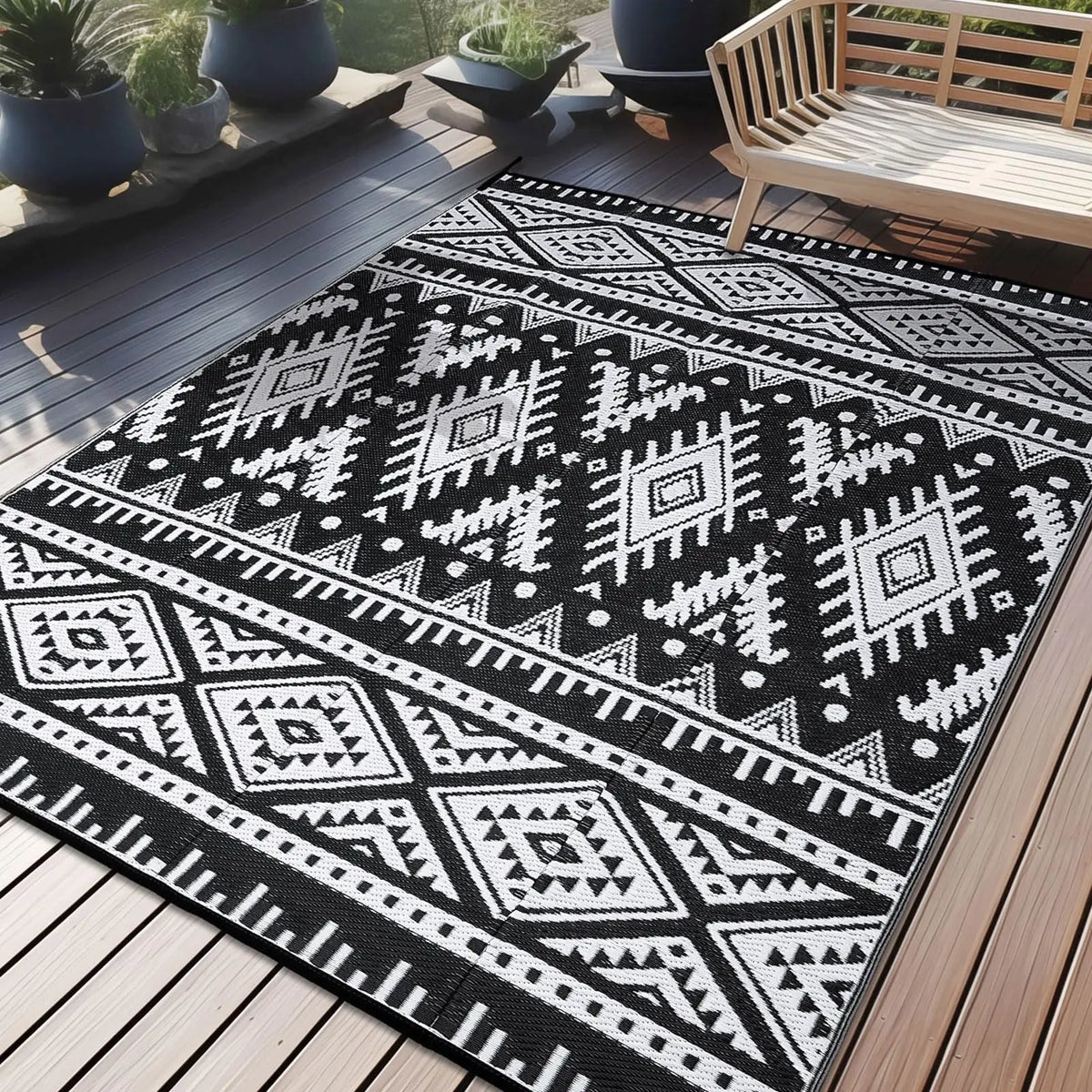 Woven Reversible Patio Mat with Braided Plastic Construction for Decks, Balconies & Camping | Weather-Resistant Geometric Floor Covering | Thomler