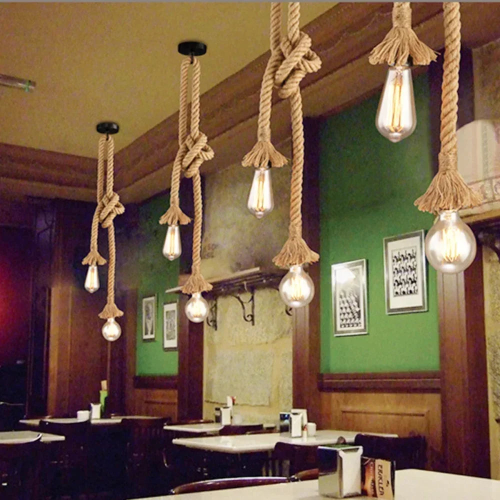 Rope Hanging Light Fixture E27 Socket Industrial Farmhouse Style for Kitchen Island Dining Room Bedroom Adjustable Cord Edison Bulb Compatib | Thomler