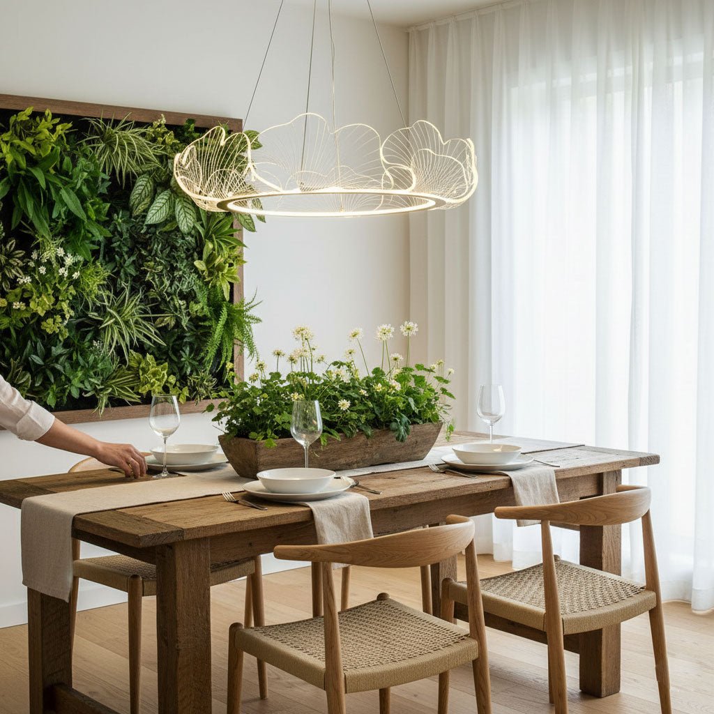 Lámpara colgante redonda con difusor de hojas acrílicas, 27 pulgadas, dorada, altura ajustable, LED para cocina, comedor, oficina, dormitorio, montaje empotrado moderno | Thomler