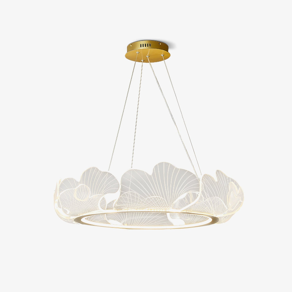 Lámpara colgante redonda con difusor de hojas acrílicas, 27 pulgadas, dorada, altura ajustable, LED para cocina, comedor, oficina, dormitorio, montaje empotrado moderno | Thomler