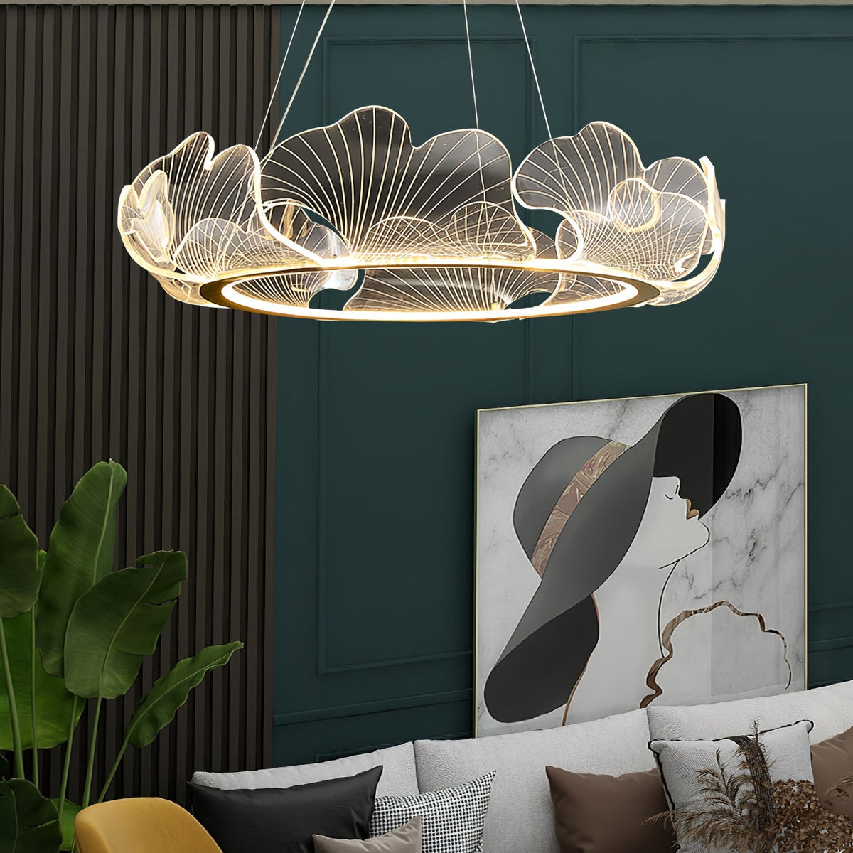 Lámpara colgante redonda con difusor de hojas acrílicas, 27 pulgadas, dorada, altura ajustable, LED para cocina, comedor, oficina, dormitorio, montaje empotrado moderno | Thomler