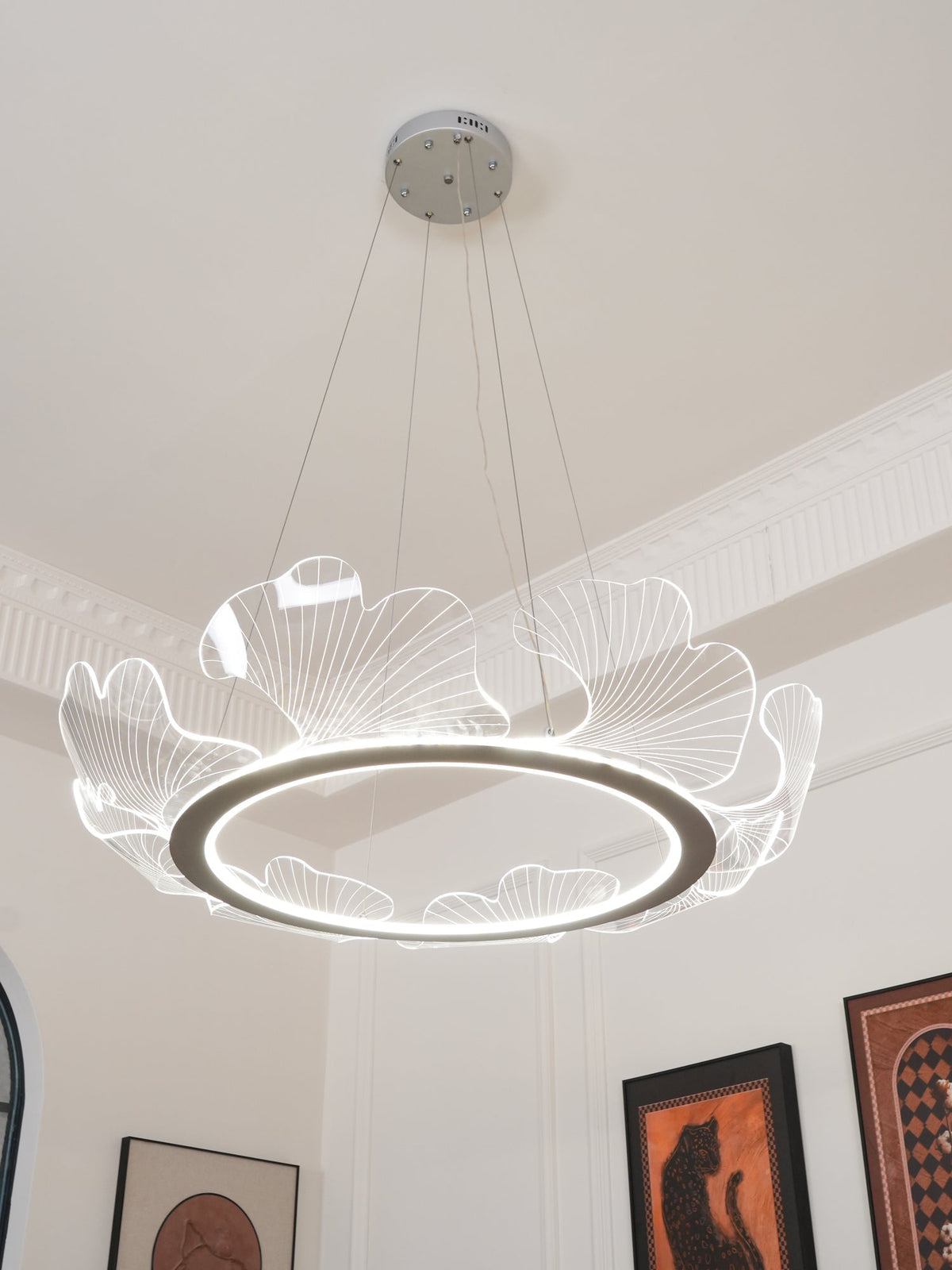 Lámpara colgante redonda con difusor de hojas acrílicas, 27 pulgadas, dorada, altura ajustable, LED para cocina, comedor, oficina, dormitorio, montaje empotrado moderno | Thomler