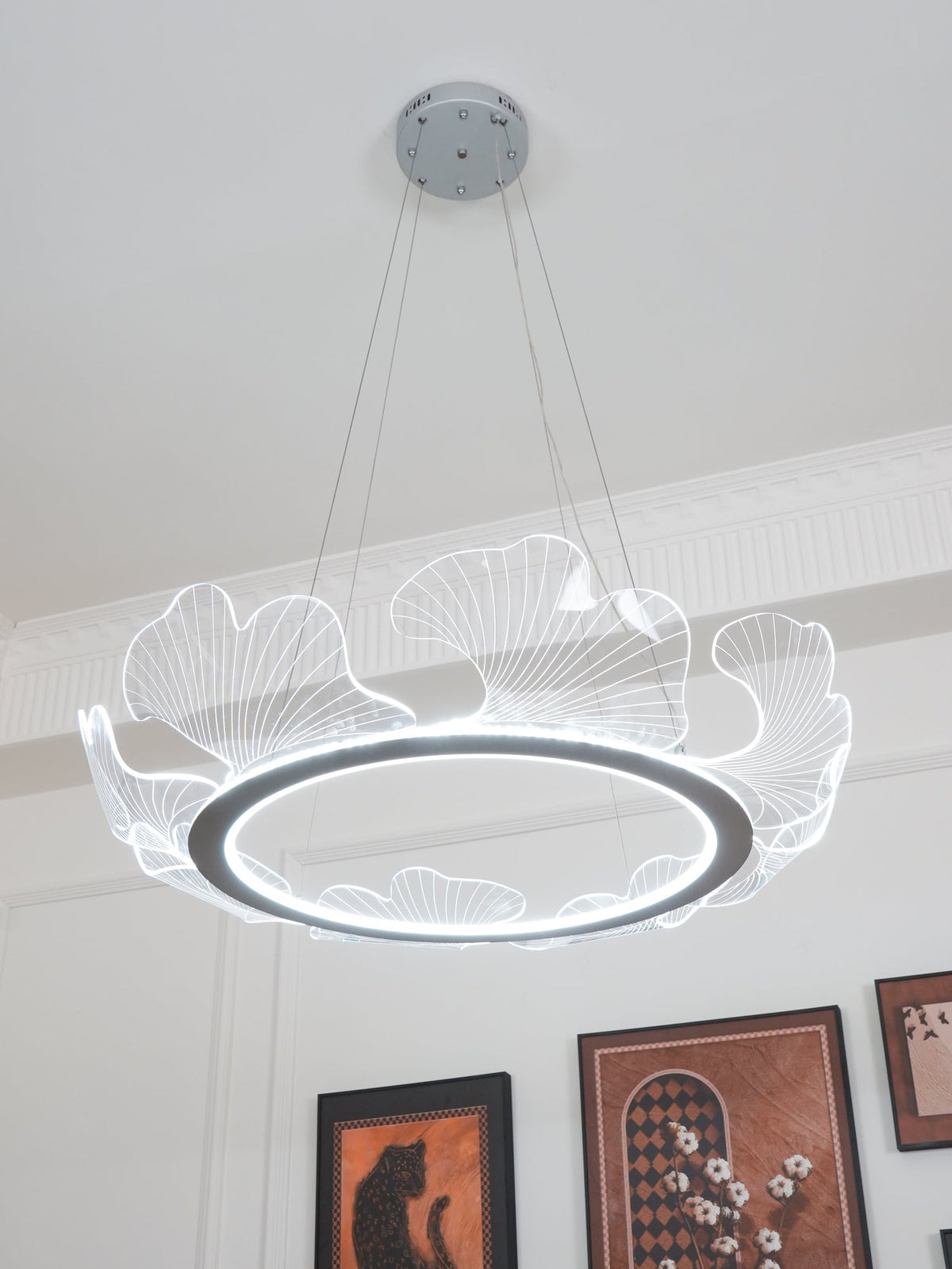 Lámpara colgante redonda con difusor de hojas acrílicas, 27 pulgadas, dorada, altura ajustable, LED para cocina, comedor, oficina, dormitorio, montaje empotrado moderno | Thomler