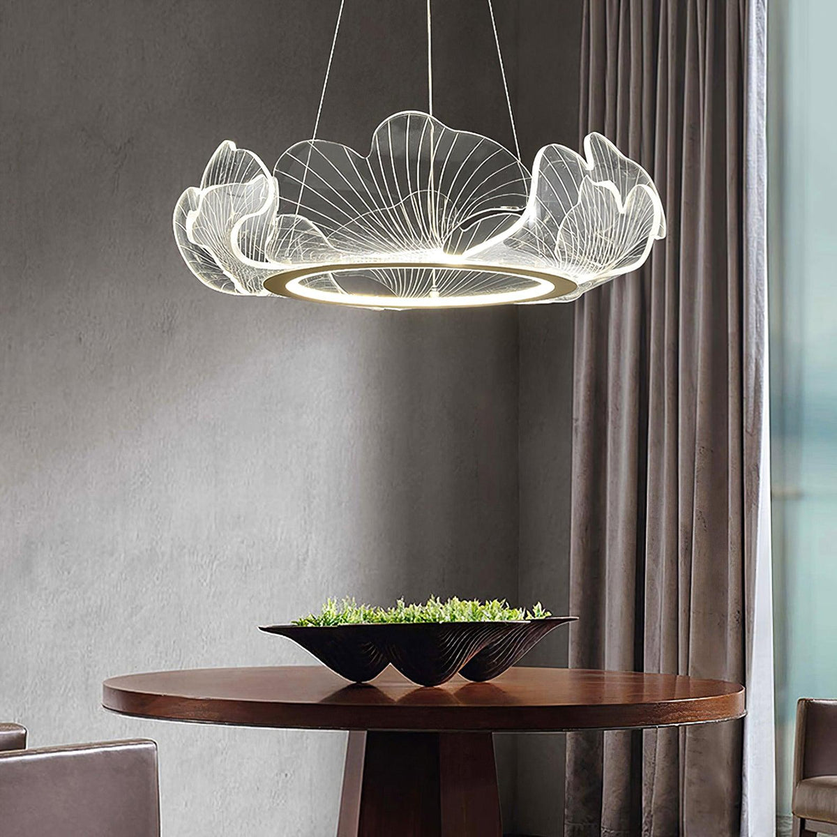Lámpara colgante redonda con difusor de hojas acrílicas, 27 pulgadas, dorada, altura ajustable, LED para cocina, comedor, oficina, dormitorio, montaje empotrado moderno | Thomler