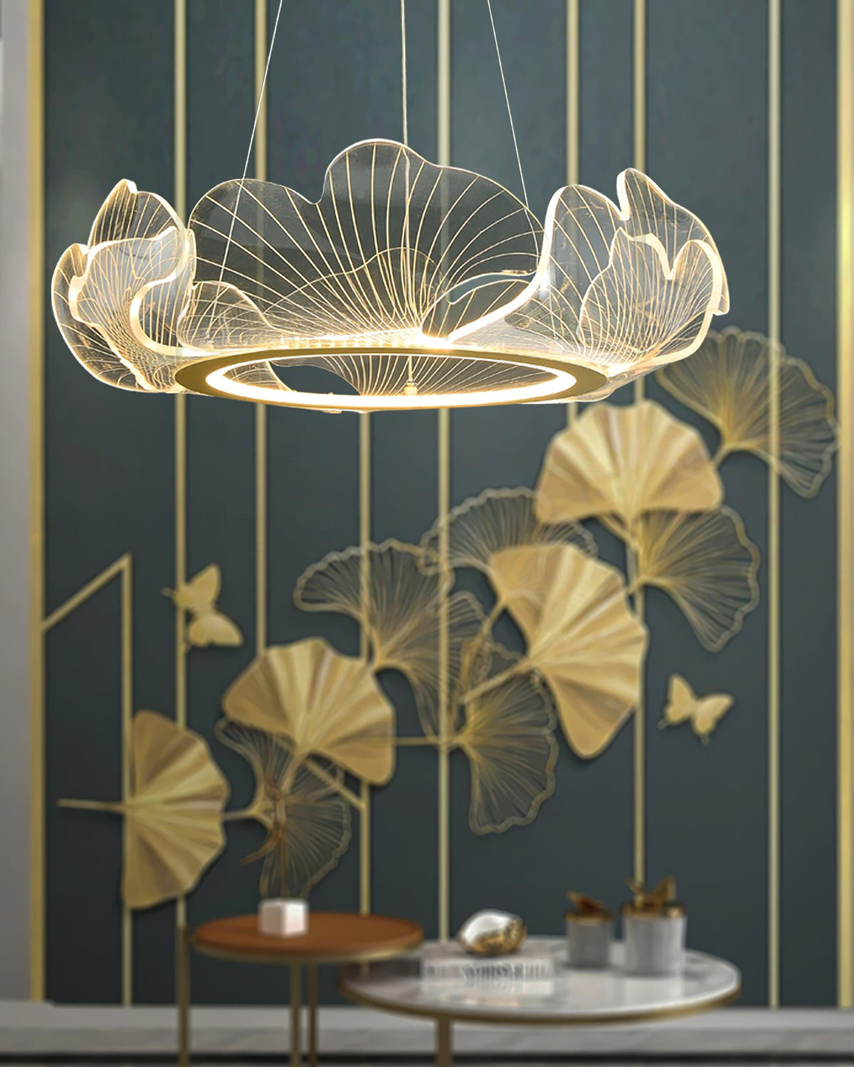 Lámpara colgante redonda con difusor de hojas acrílicas, 27 pulgadas, dorada, altura ajustable, LED para cocina, comedor, oficina, dormitorio, montaje empotrado moderno | Thomler