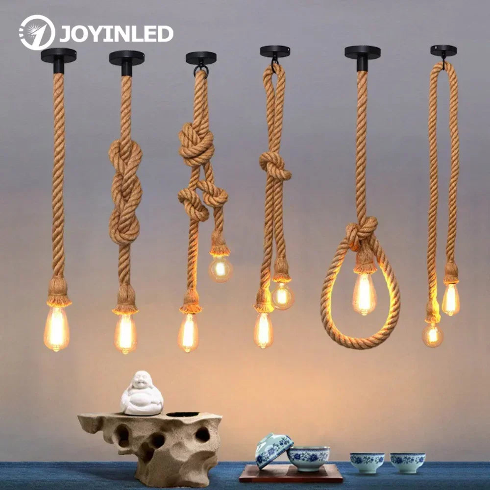 Rope Hanging Light Fixture E27 Socket Industrial Farmhouse Style for Kitchen Island Dining Room Bedroom Adjustable Cord Edison Bulb Compatib | Thomler