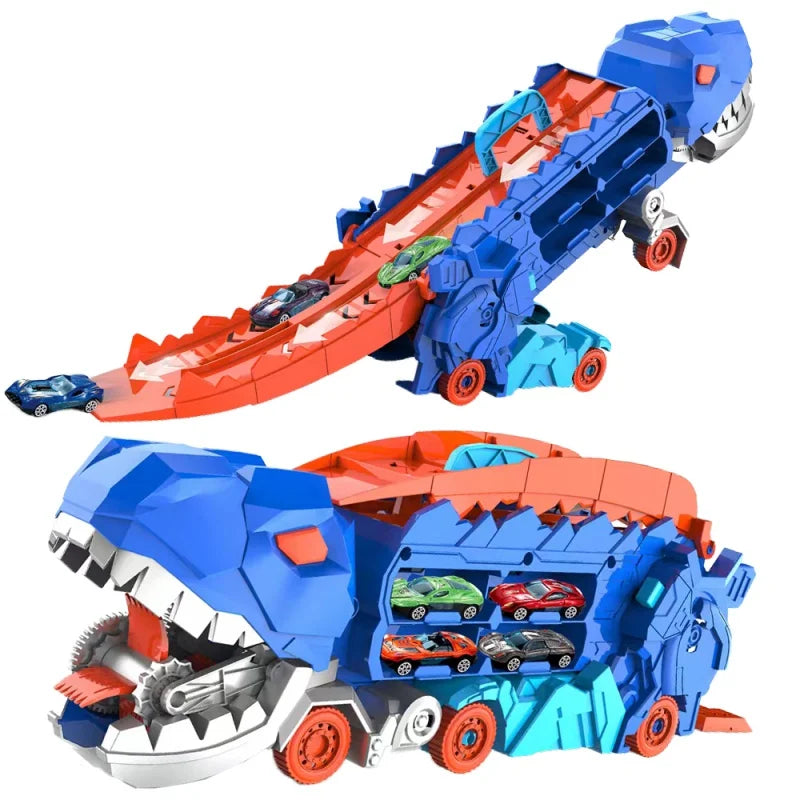 Transformierbares Dinosaurier-Rennbahn-Spielset mit Aufbewahrung für Mini-Autos – 2-in-1 Dino-Rennstrecken-Spielzeug für Kinder ab 3 Jahren