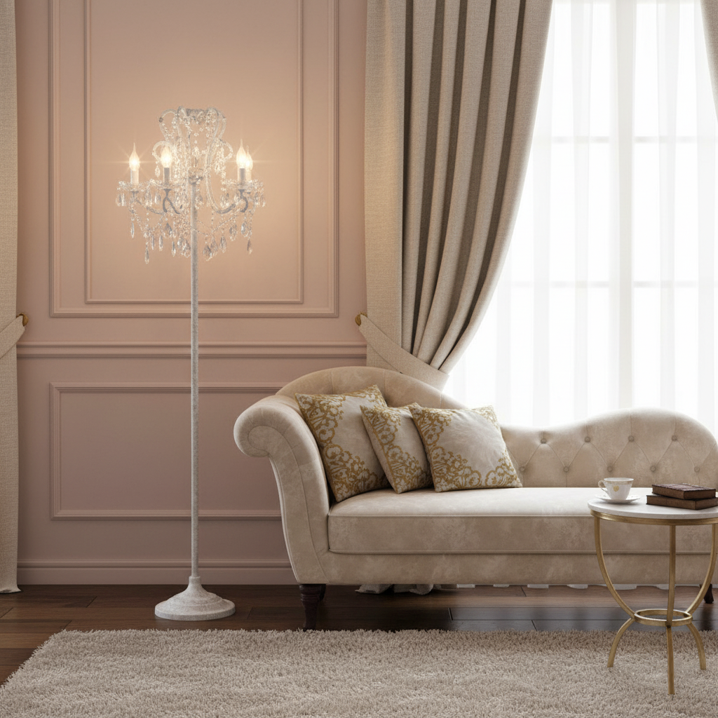 Crystal Accent Floor Lamp with Iron Frame | Vintage White & Gold Standing Light for Bedroom Living Room | Dimmable E14 Compact 21-Inch Heigh | Thomler