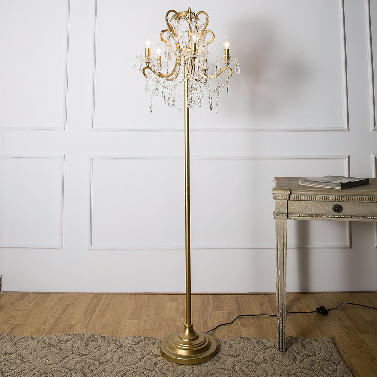 Crystal Accent Floor Lamp with Iron Frame | Vintage White & Gold Standing Light for Bedroom Living Room | Dimmable E14 Compact 21-Inch Heigh | Thomler