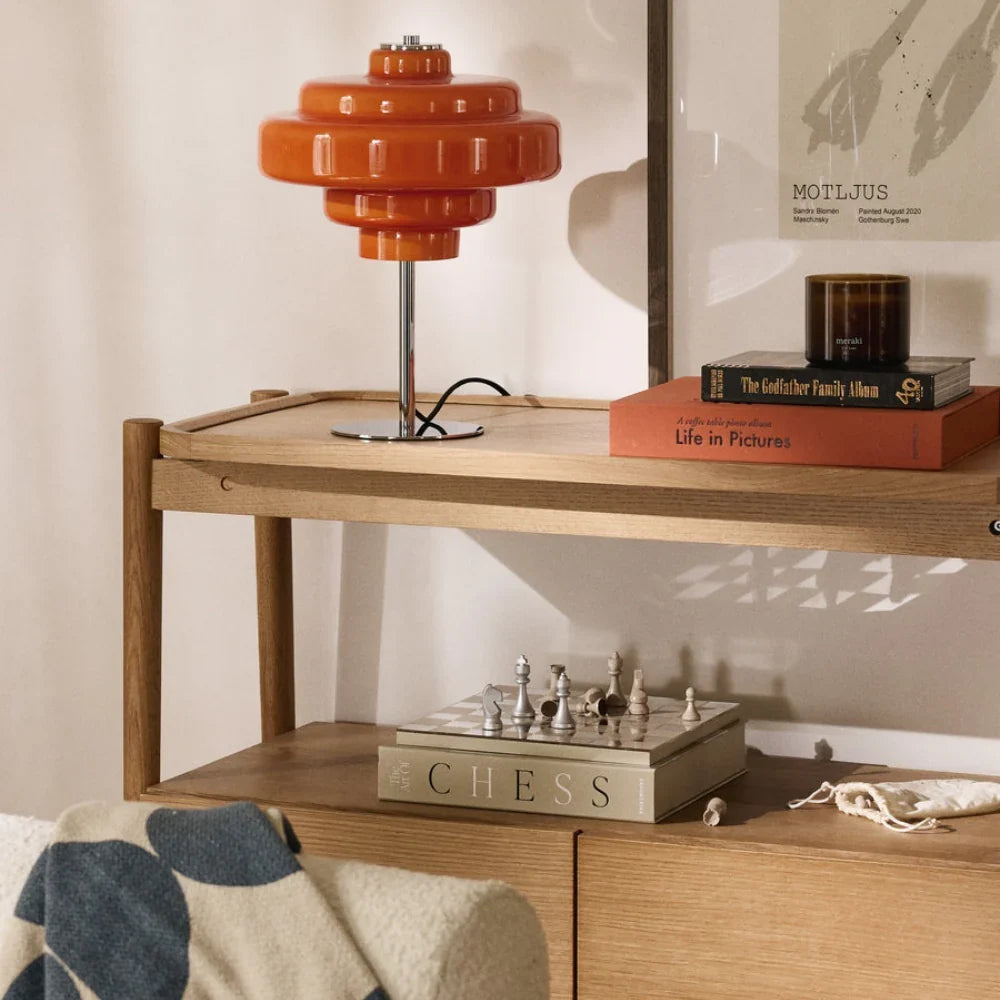 Compact Accent Lamp with Layered Glass Shade 8 in Sculptural Nightstand Light for Bedroom Office Desk Modern Decorative Glow Small Space | Thomler