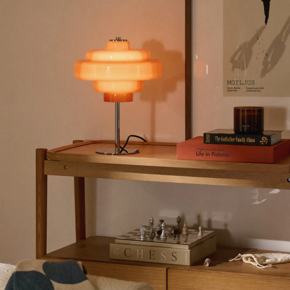 Compact Accent Lamp with Layered Glass Shade 8 in Sculptural Nightstand Light for Bedroom Office Desk Modern Decorative Glow Small Space | Thomler