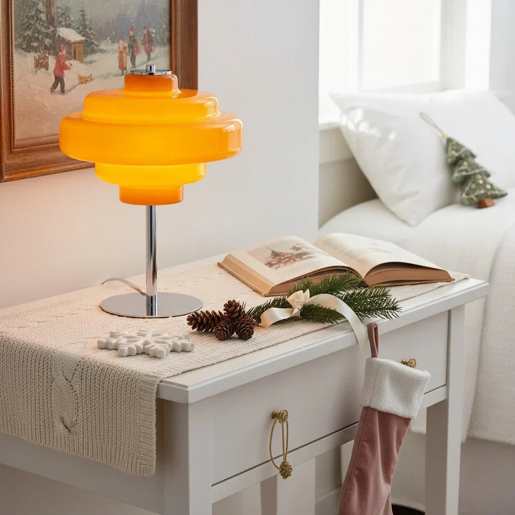 Compact Accent Lamp with Layered Glass Shade 8 in Sculptural Nightstand Light for Bedroom Office Desk Modern Decorative Glow Small Space | Thomler