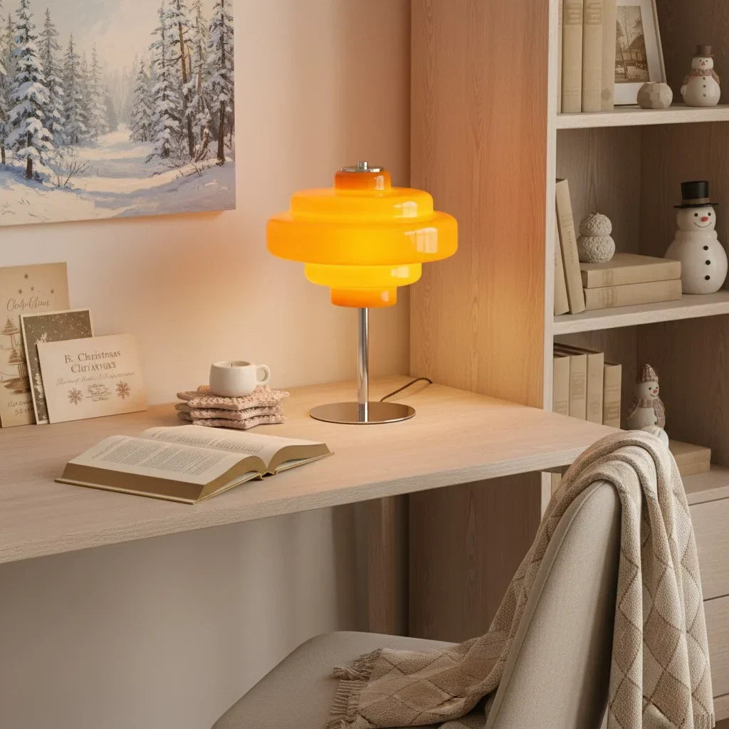 Compact Accent Lamp with Layered Glass Shade 8 in Sculptural Nightstand Light for Bedroom Office Desk Modern Decorative Glow Small Space | Thomler