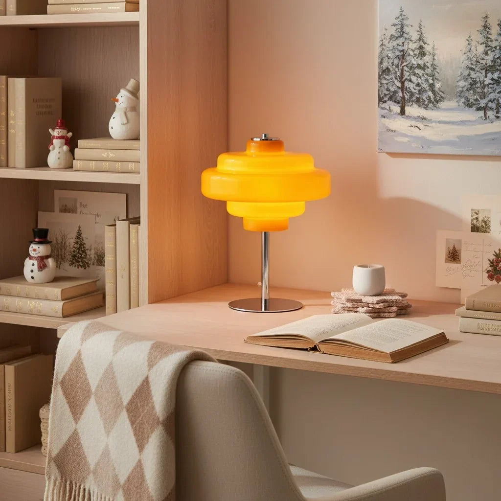 Compact Accent Lamp with Layered Glass Shade 8 in Sculptural Nightstand Light for Bedroom Office Desk Modern Decorative Glow Small Space | Thomler
