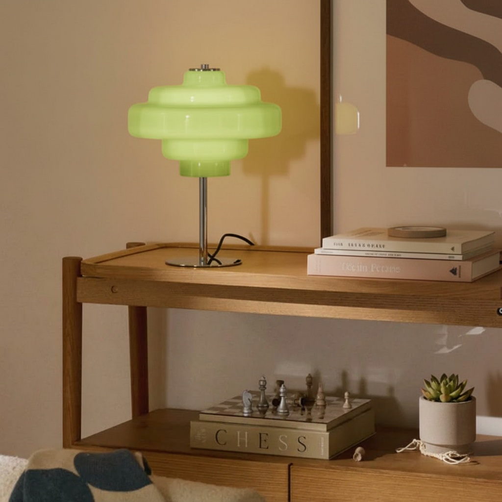 Compact Accent Lamp with Layered Glass Shade 8 in Sculptural Nightstand Light for Bedroom Office Desk Modern Decorative Glow Small Space | Thomler