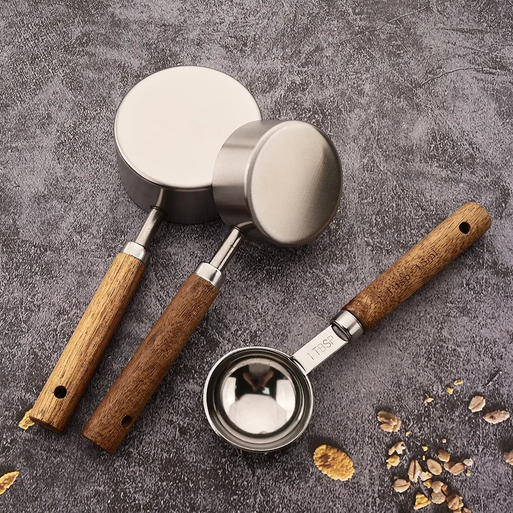 8-Piece Nesting Kitchen Measuring Spoons with Wood Handles Stainless Steel Cooking Baking Tools Set | Thomler