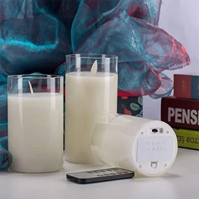 Battery-Operated LED Pillar Candles with Remote Control Timer Set of 3 Realistic Flickering Light Amber Smoke Clear Glass for Dining Room Be | Thomler