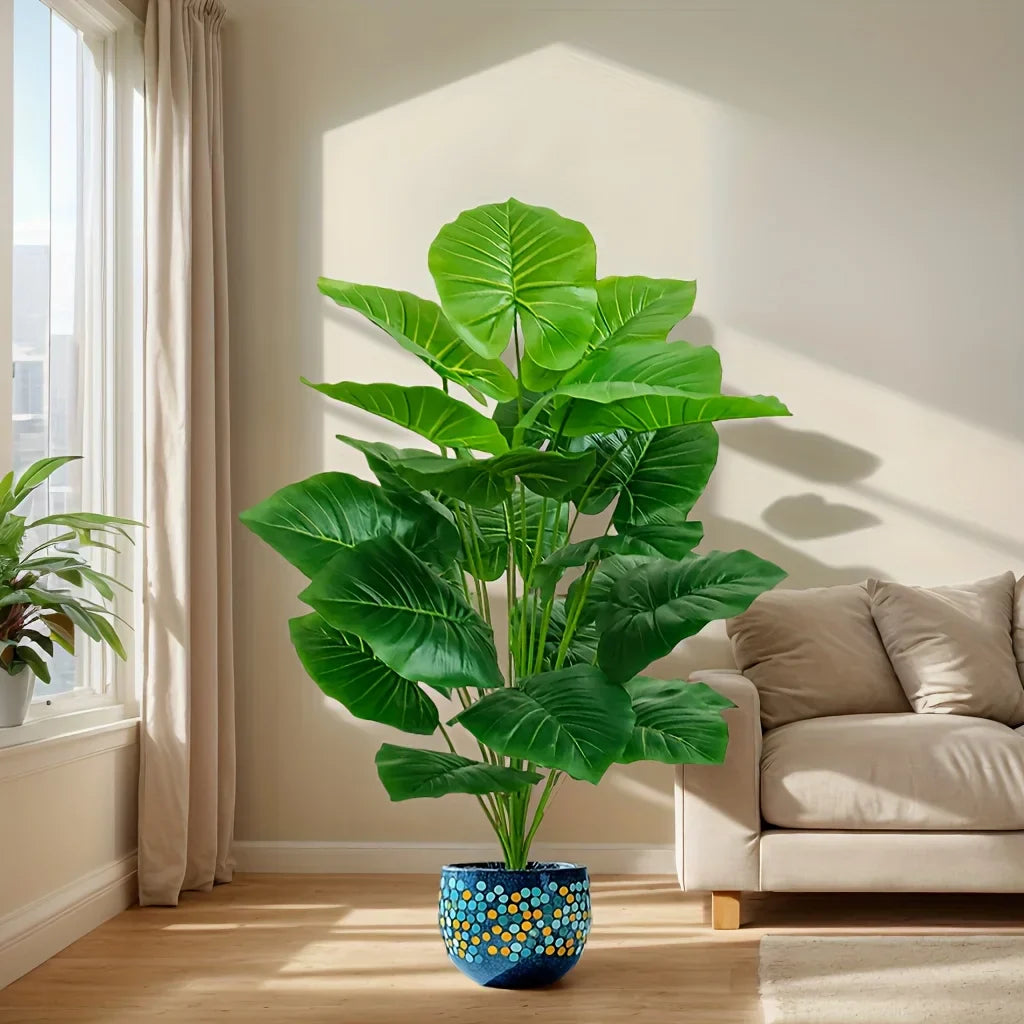 Künstliche tropische Bodenpflanze, 99 cm hoch, mit 18 breiten Blättern, für Wohnzimmer, Eingangsbereich, Terrassenecke, kein Gießen erforderlich | Thomler