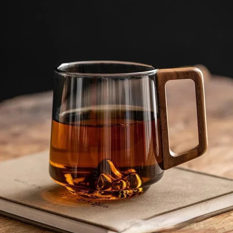 Insulated Borosilicate Glass Mug with Wood Grip 4-Inch Thermal Coffee Cup Peak Shape for Hot Beverages Kitchen Office | Thomler