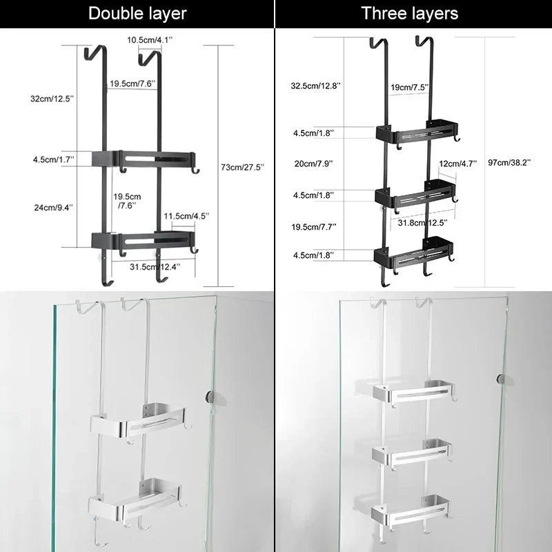 Over-Door Shower Caddy Aluminum 38 in Tall No-Drill Bathroom Organizer for Shampoo Toiletries Glass Door Mount 2-3 Tier Storage Rack | Thomler