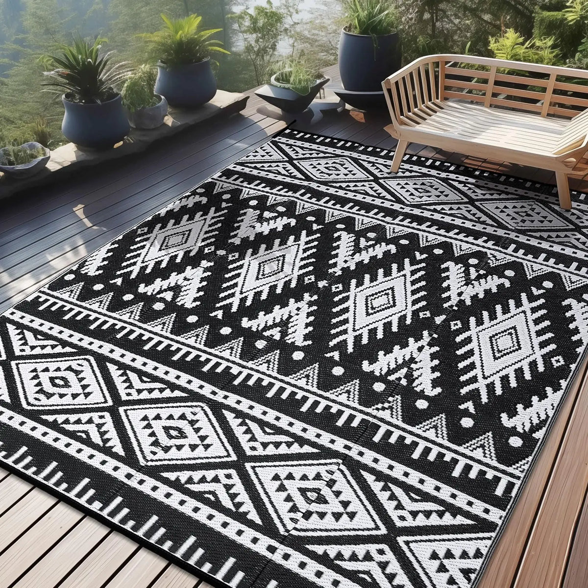 Geweven omkeerbare patiomat met gevlochten kunststof constructie voor terrassen, balkons & kamperen | Weerbestendige geometrische vloerbedekking | Thomler