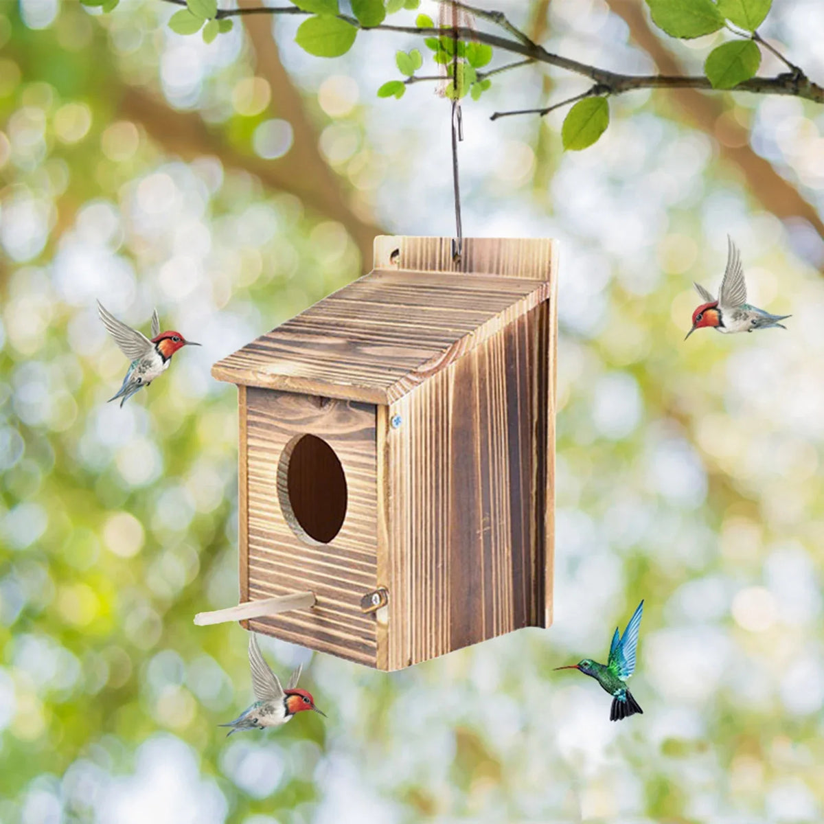 Houten vogelhuisje 22 cm met zijdeur voor buiten, om op te hangen in de tuin, op het terras of balkon, natuurlijke schuilplaats van hout voor kleine vogels | Thomler