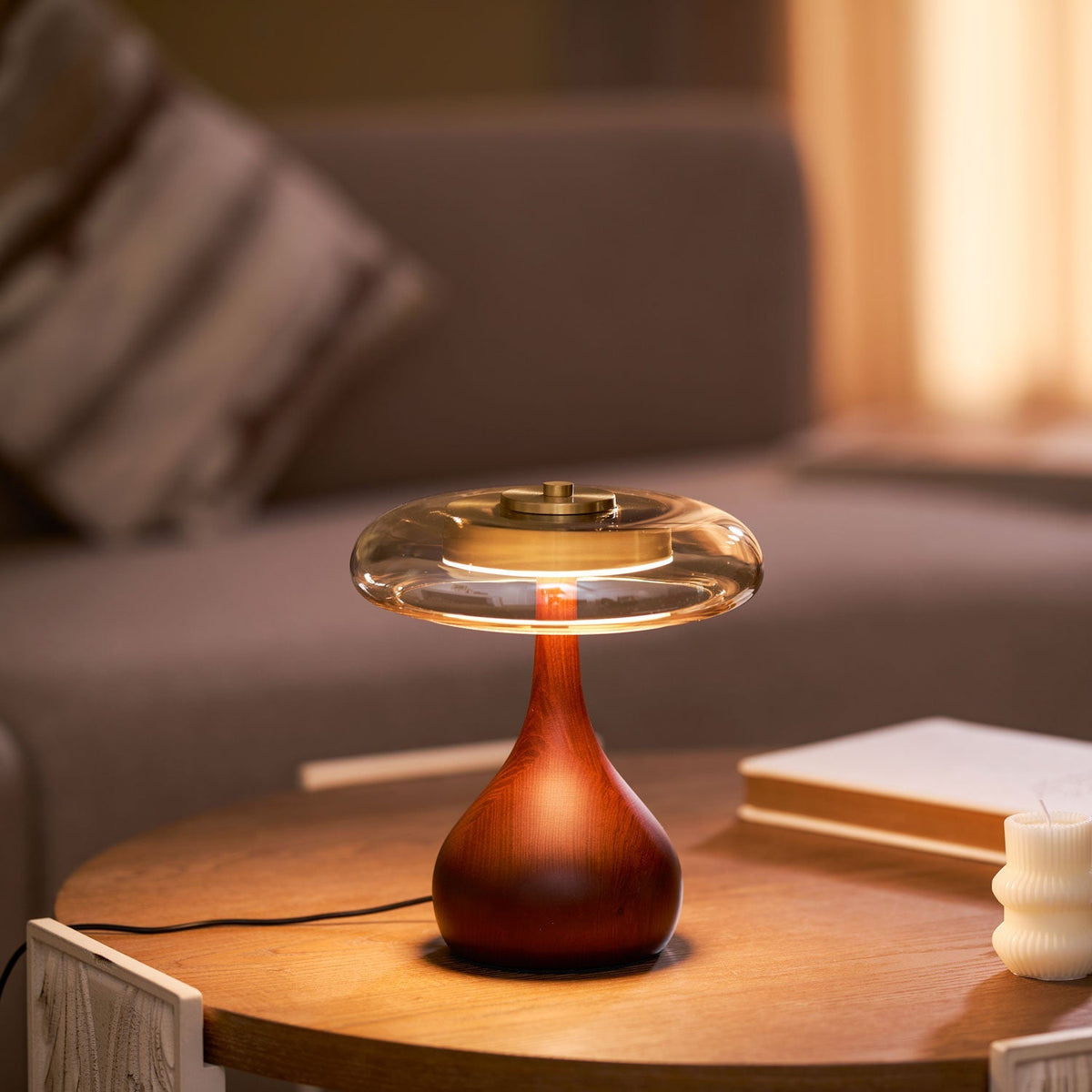 Lámpara de escritorio LED con pantalla de vidrio ámbar y base de madera natural para oficina en casa, dormitorio y mesa de noche | Temperatura de color ajustable 3000K-6000K | Thomler