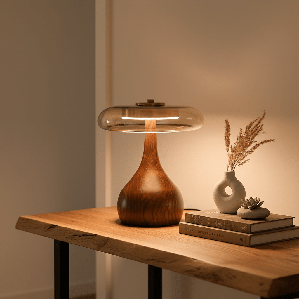 Lámpara de escritorio LED con pantalla de vidrio ámbar y base de madera natural para oficina en casa, dormitorio y mesa de noche | Temperatura de color ajustable 3000K-6000K | Thomler