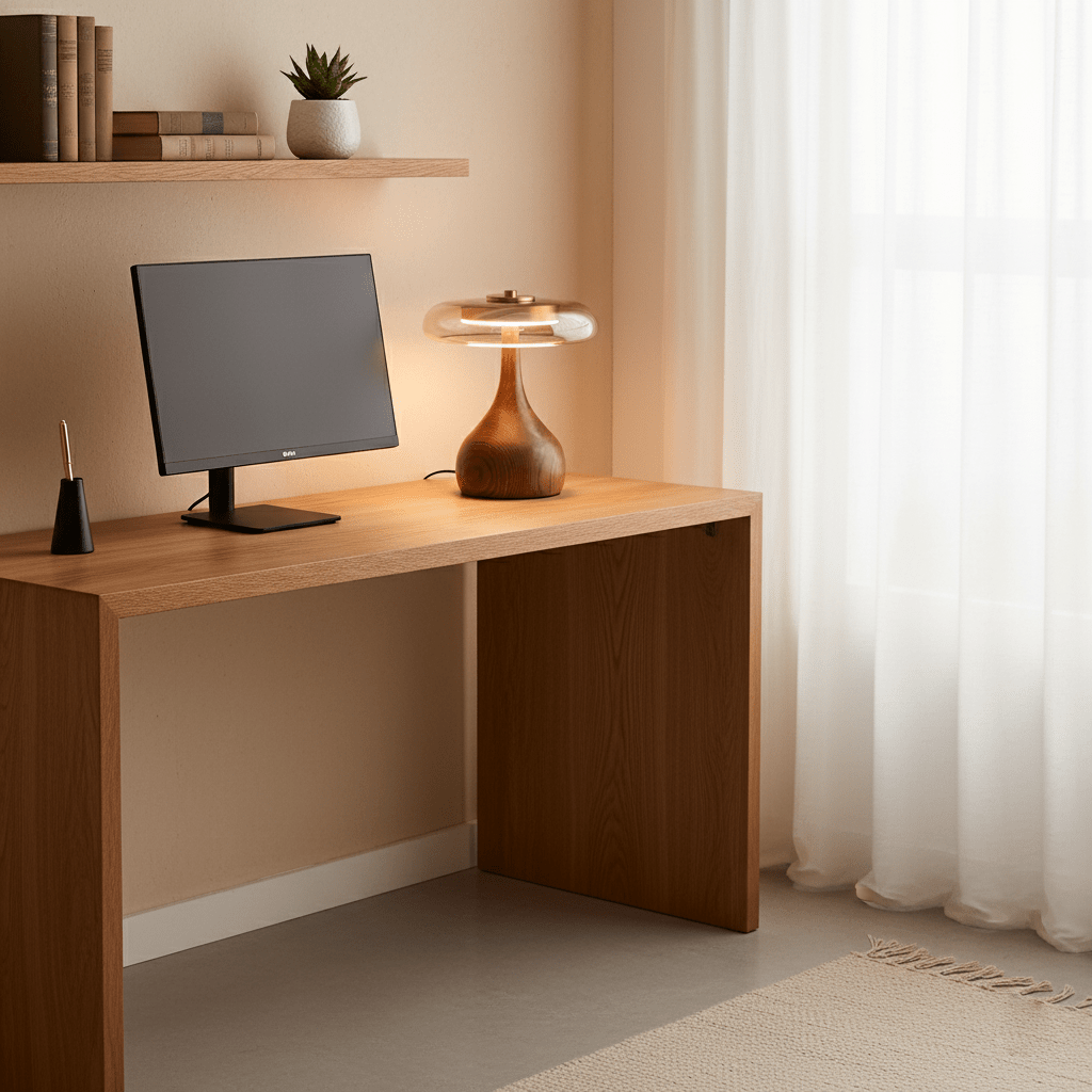 Lámpara de escritorio LED con pantalla de vidrio ámbar y base de madera natural para oficina en casa, dormitorio y mesa de noche | Temperatura de color ajustable 3000K-6000K | Thomler