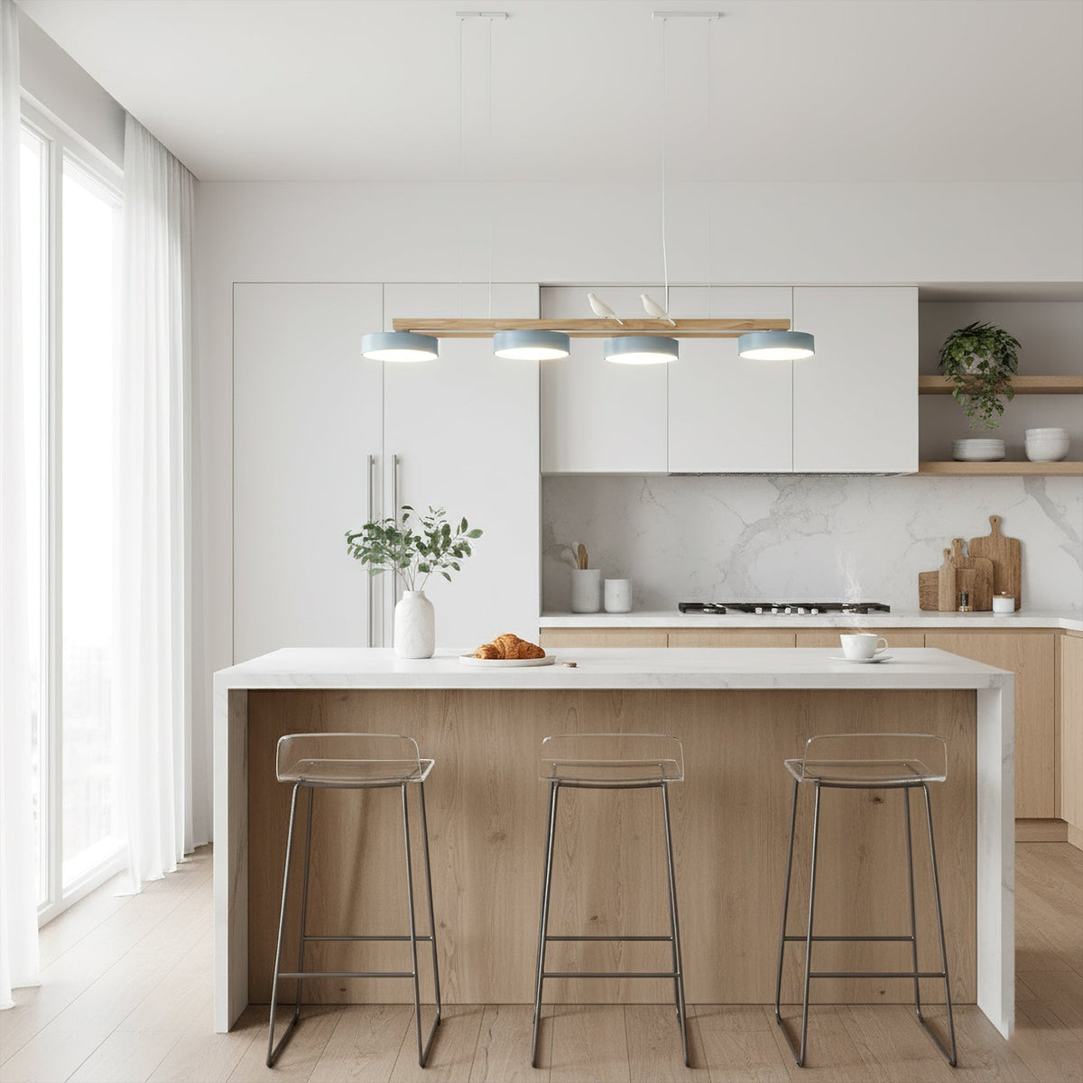 Linear LED Fixture with Bird Accents for Kitchen Island Dining Room 40 in Wooden Hanging Light 1400 Lumens Adjustable Modern Farmhouse Overh | Thomler