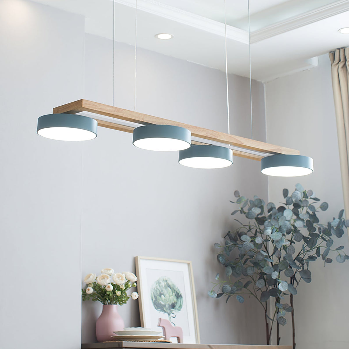 Lineaire LED-armatuur met vogelaccenten voor keukeneiland en eetkamer, 102 cm, houten hanglamp, 1400 lumen, verstelbaar, moderne boerderijstijl | Thomler