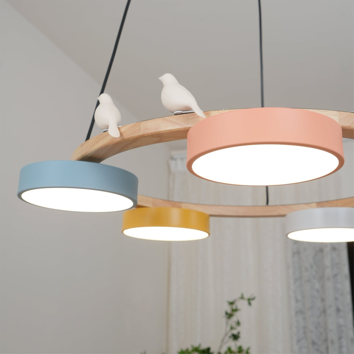 Round Wooden Ceiling Light with Bird Accents 26 Inch 4-Bulb LED Fixture Adjustable Height for Dining Room Kitchen Living Room Hallway Entryw | Thomler