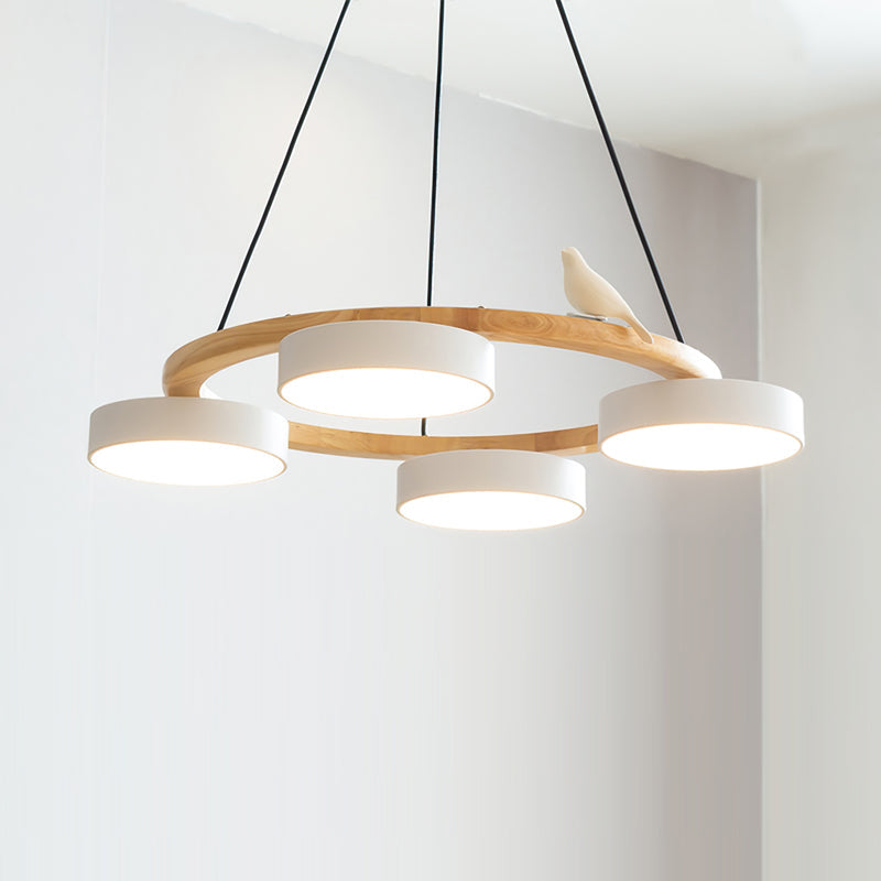 Round Wooden Ceiling Light with Bird Accents 26 Inch 4-Bulb LED Fixture Adjustable Height for Dining Room Kitchen Living Room Hallway Entryw | Thomler