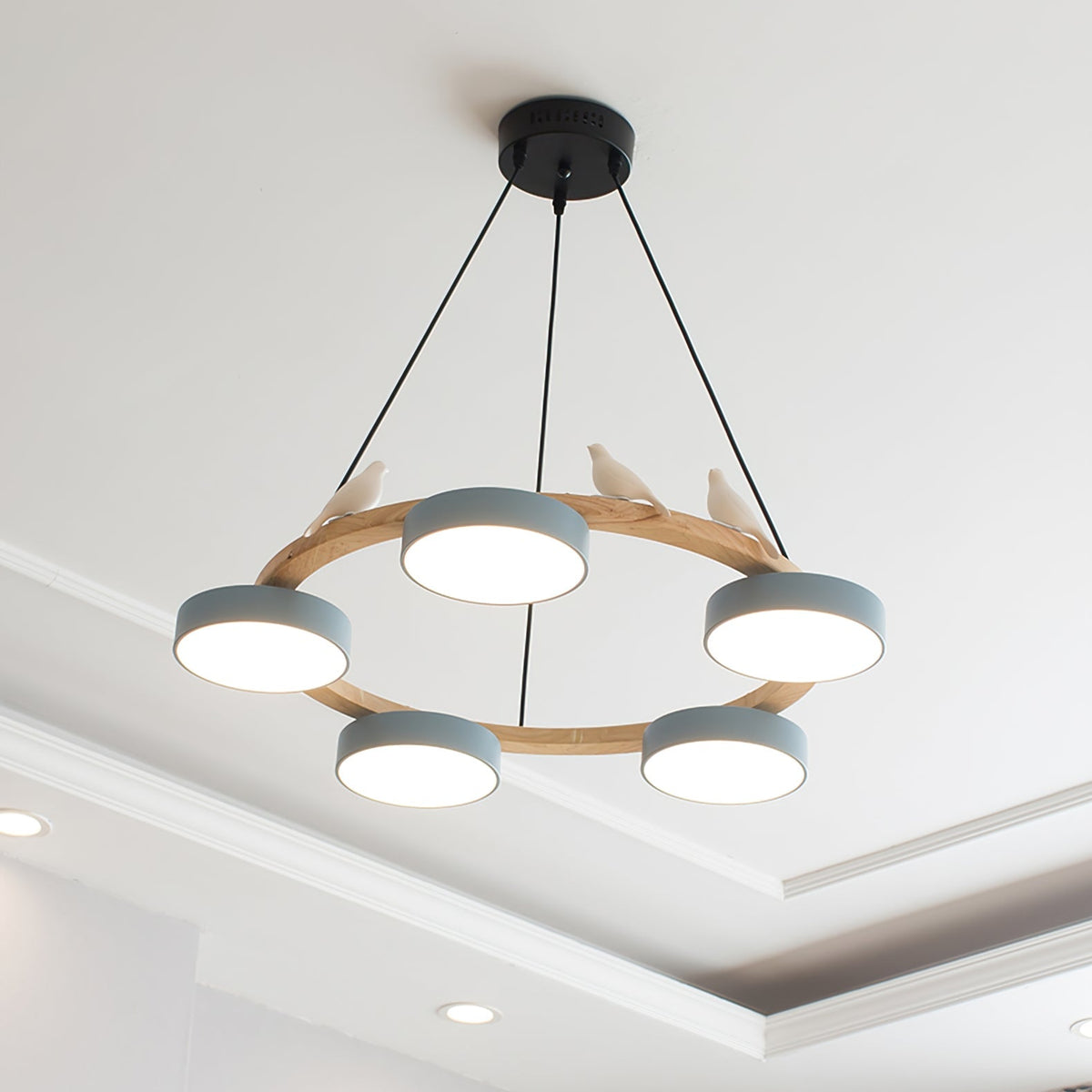 Round Wooden Ceiling Light with Bird Accents 26 Inch 4-Bulb LED Fixture Adjustable Height for Dining Room Kitchen Living Room Hallway Entryw | Thomler
