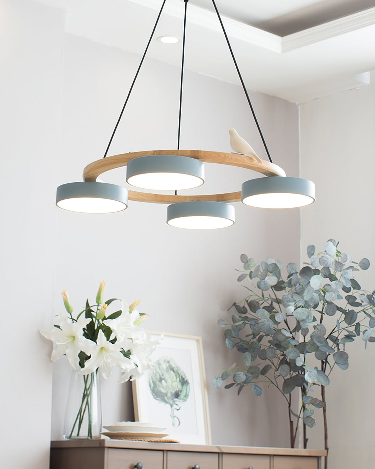 Round Wooden Ceiling Light with Bird Accents 26 Inch 4-Bulb LED Fixture Adjustable Height for Dining Room Kitchen Living Room Hallway Entryw | Thomler