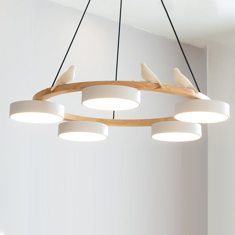 Ronde houten plafondlamp met vogelaccenten 66 cm 4-lichts LED-armatuur in hoogte verstelbaar voor eetkamer keuken woonkamer hal entree | Thomler